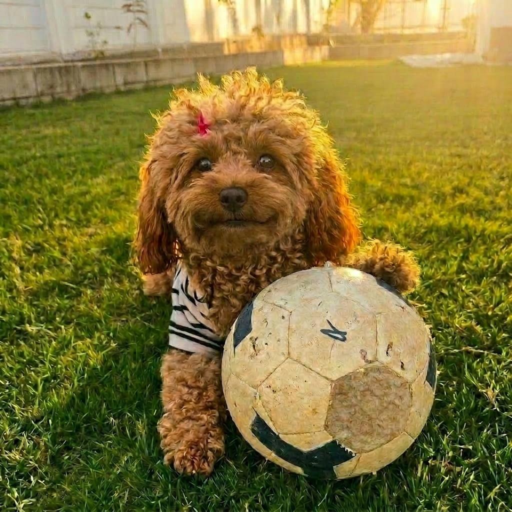Funny the toy poodle playing on the lawn