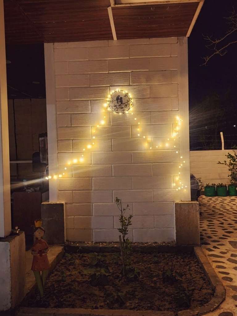 Fairy light bird mural on the entrance wall