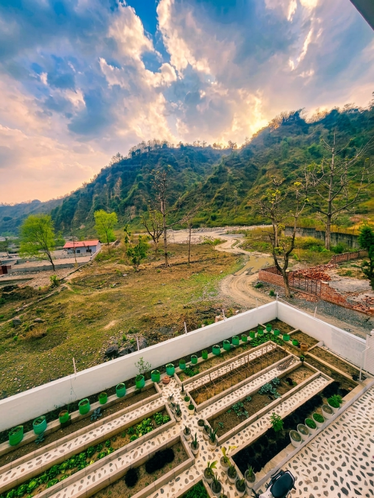 Herb garden and kitchen garden with sunset mountain view