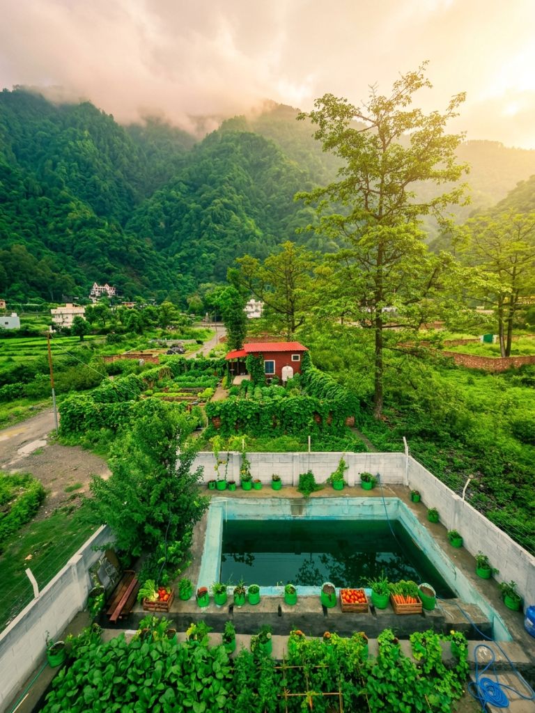 Aerial view of the valley and Yellow Bird Farmhouse