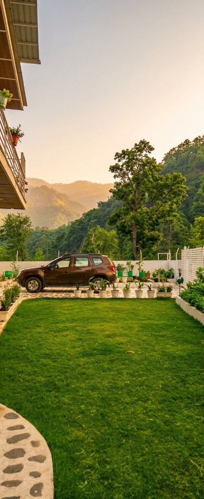 Lush private lawn with mountain backdrop